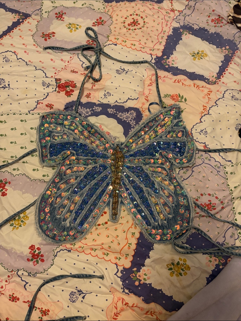 Fashion Nova Denim Blue Sequin Butterfly Halter Crop Top